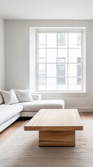 Fototapeta premium Modern living room with minimalist furniture and large window providing natural light