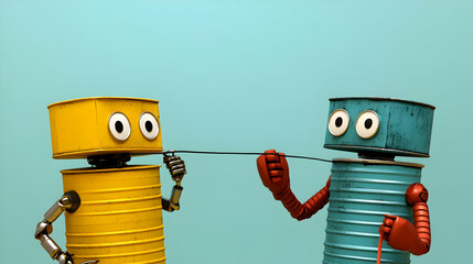 Two Toy Robots Made of Metal Cans are Playing Tug-of-War with a String on a Blue Background