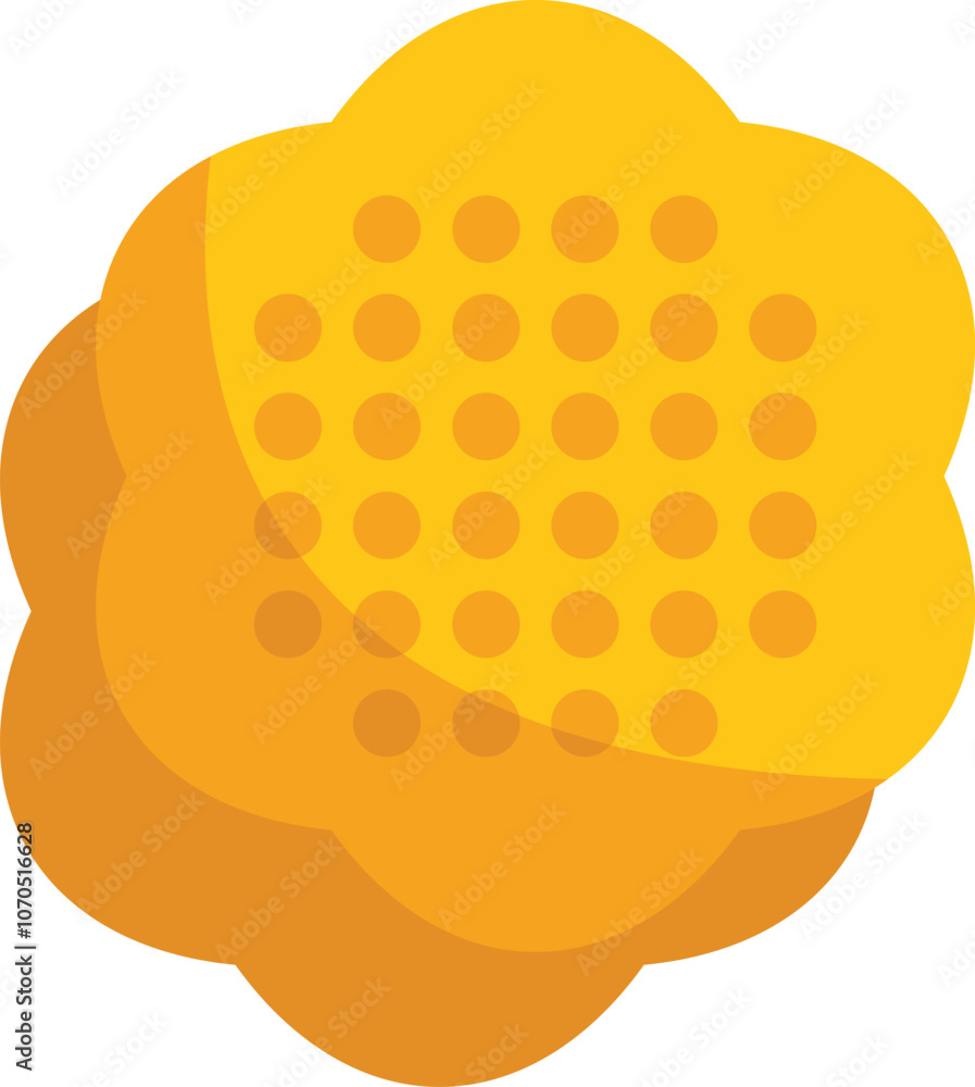 Poster round yellow waffle with a honeycomb pattern with honey pouring over it on a white background