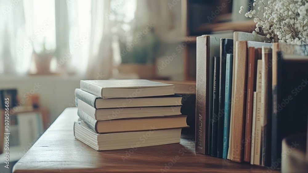 Poster a cozy reading nook with stacked books and a bookshelf filled with various s.