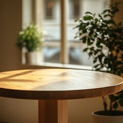 Fototapeta premium A close up of an empty wooden table with a blurred background featuring light beige and white tones