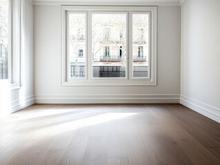 Bright, empty room with wooden flooring and large windows overlooking a city street