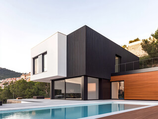 Modern architectural design of a sleek house with a pool set in a scenic hillside location
