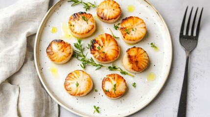 A plate of pan-seared scallops with fresh thyme sprigs and a drizzle of olive oil.
