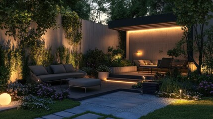Modern Backyard Oasis with Warm Lighting
