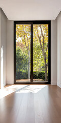 Bright modern interior with large windows showcasing autumn trees outside