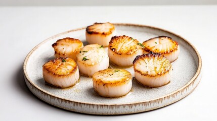 A plate of seared scallops, cooked to perfection with a crispy exterior and tender interior, garnished with fresh herbs.