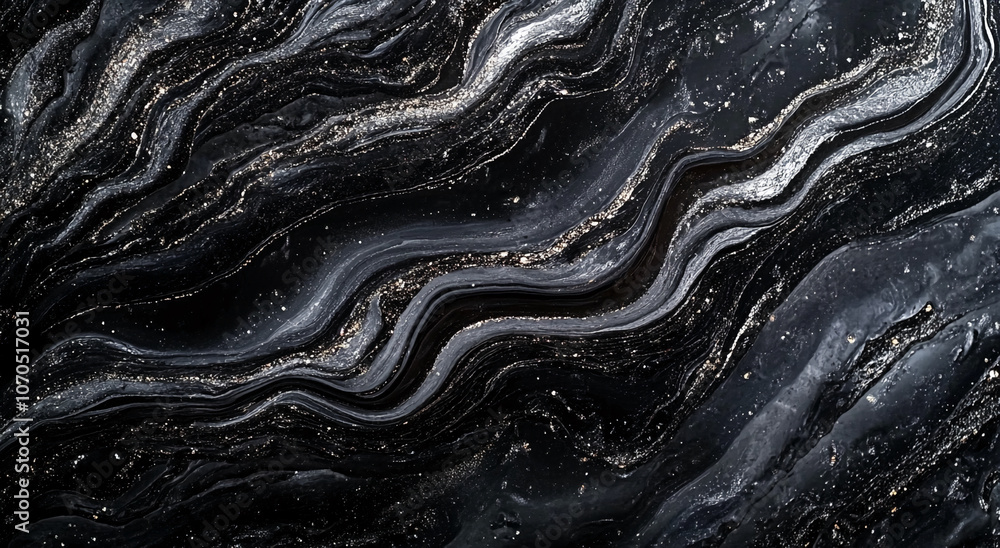 Poster A close-up shot of black marble with silver veining. The marble has a smooth, polished surface. The image is taken from a slightly angled perspective, giving the viewer a sense of depth