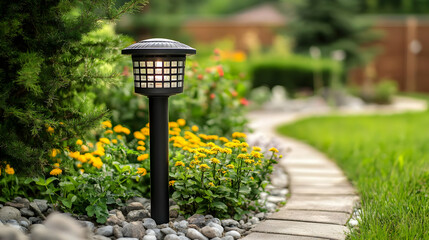 A Black Metal Outdoor Light Stands Tall Among Yellow Flowers and a Stone Pathway