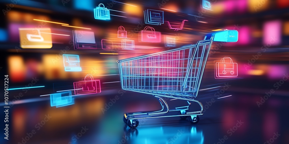 Poster Neon Shopping Cart with Icons Representing Digital Commerce in Modern Setting : Generative AI
