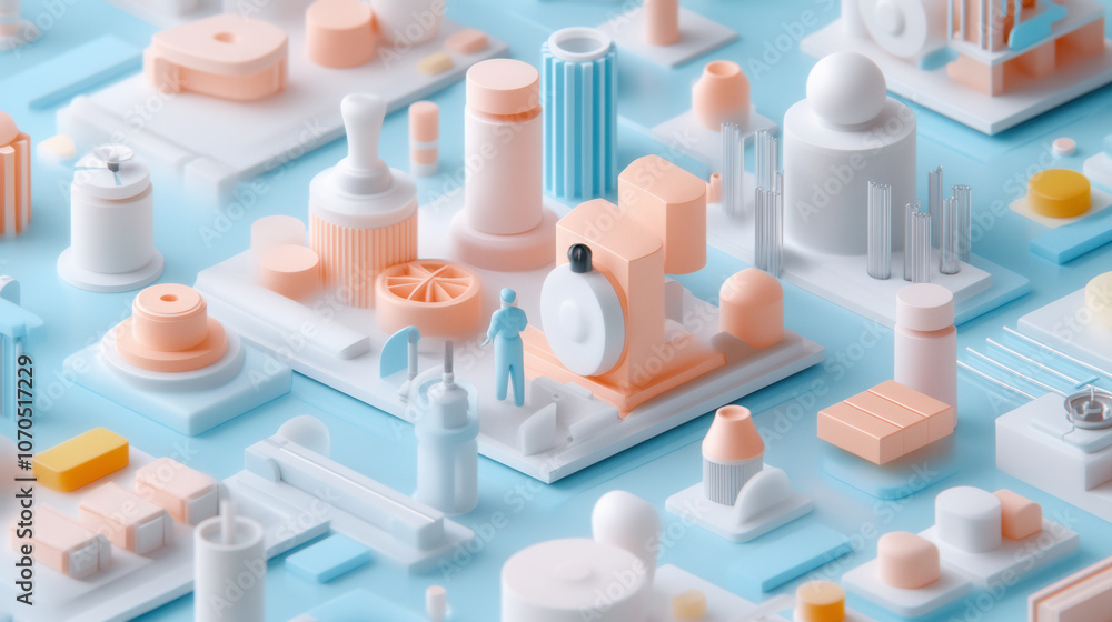 Poster minimalist axonometric depiction of factory with various structures and machinery, showcasing clean 