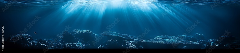 Poster serene underwater scene with sunlight rays and vibrant coral reefs : generative ai