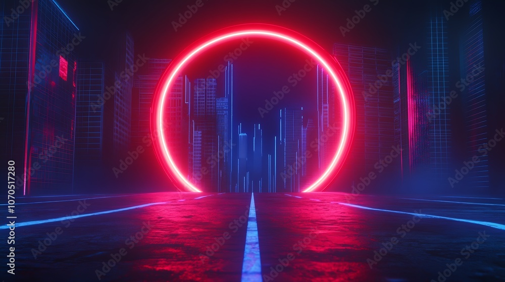 Poster Glowing Neon Red Circle on a Pathway in a Cyberpunk Inspired Cityscape : Generative AI