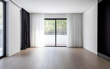 Spacious modern interior with large windows and natural light in a minimalistic design setting