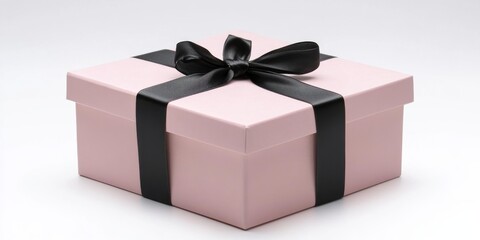 Fototapeta premium A light pink gift box, empty and tied with a black ribbon, sits against a plain white background.