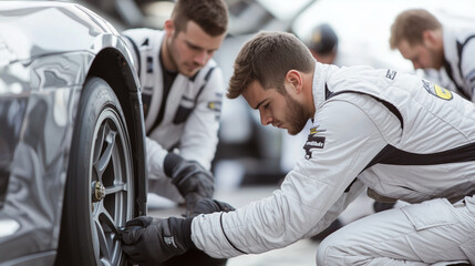 Pit Crew Tire Change on Race Car Showcasing Teamwork and Precision