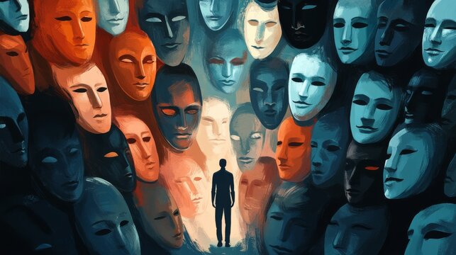 Businessman choosing his mask, multiple personality disorder and schizophrenia