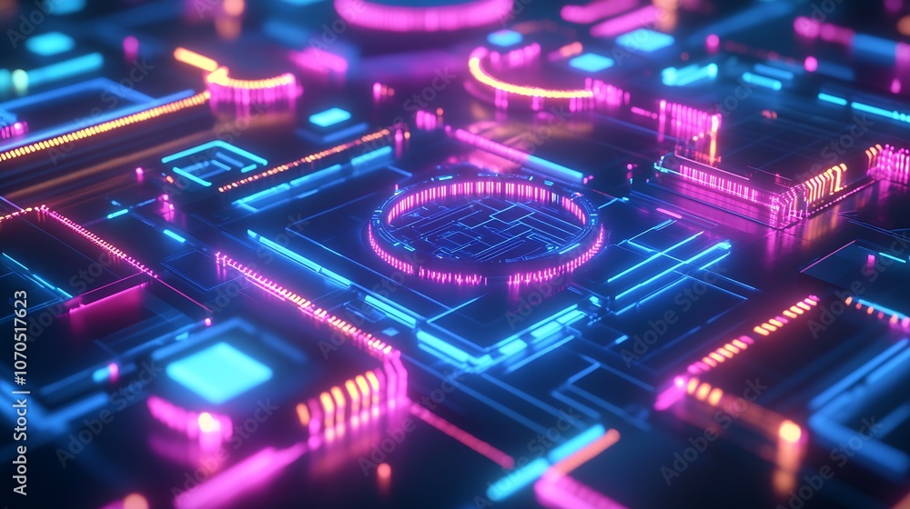 Poster Colorful neon circuit board display with modern architecture and digital technology : Generative AI