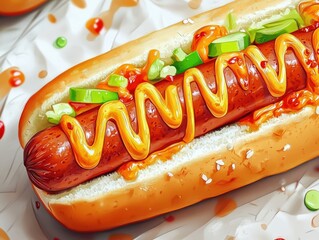 Close-up of a hot dog bun with mustard, ketchup, and pickles on a white background, painted in a digital watercolor style.