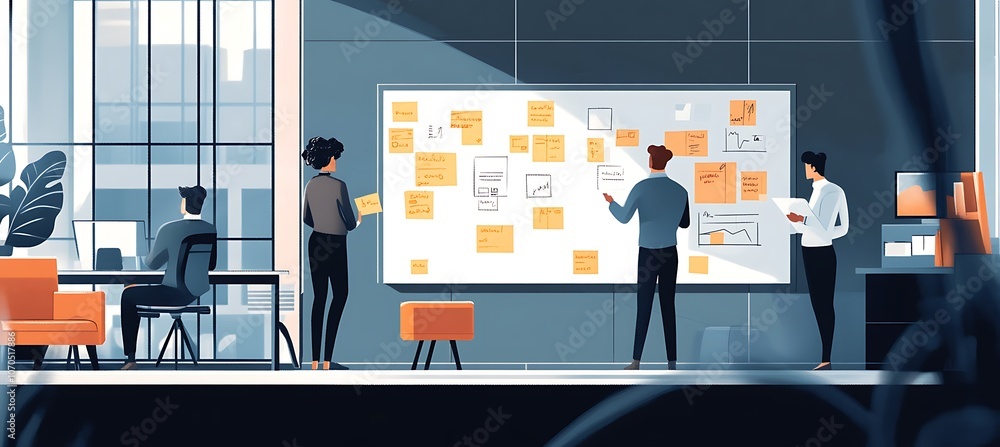 Poster a business team in a brainstorming session with sticky notes and diagrams on a whiteboard