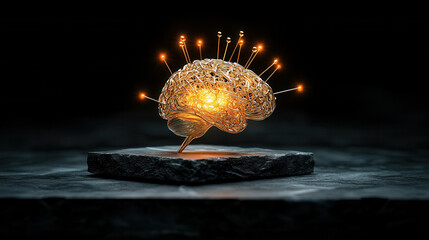 stunning 3D brain sculpture with golden nails, glowing softly, showcasing intricate design and creativity. Perfect for art and science enthusiasts