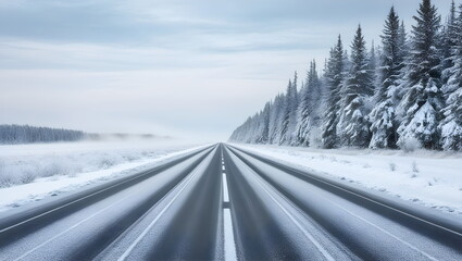 Winter Road Scene: Long Straight Highway Surrounded by Snowy Forest