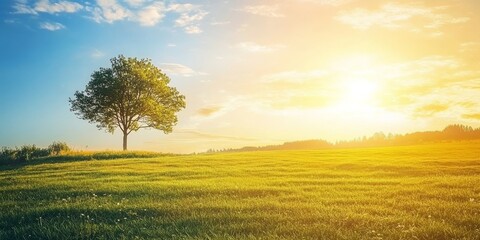 A lush green meadow with a single tree, bathed in warm yellow sunlight against a bright blue sky. This scenic image is perfect for a background or web banner.