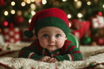 Adorable baby in green-red clothes, lying in front of a Christmas tree. Ai 