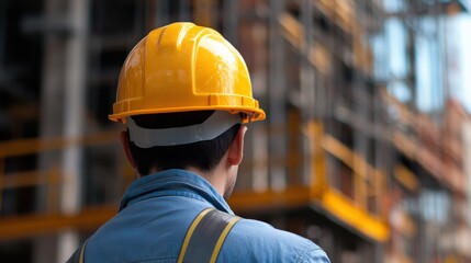 Construction Safety Supervisor Wearing Hard Hat on Construction Site, Back View