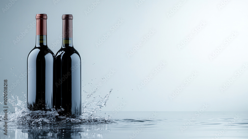 Poster two wine bottles in focus, surrounded by splashes of water, create refreshing and elegant atmosphere