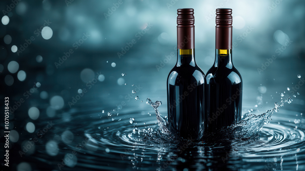 Poster elegant wine bottles create ripples in water, surrounded by shimmering splashes. scene captures sere