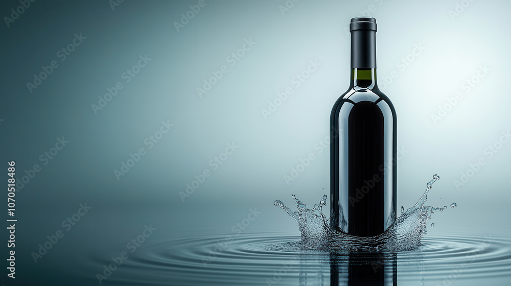 Poster wine bottle surrounded by water splashes creates dynamic visual effect, highlighting elegance of bot