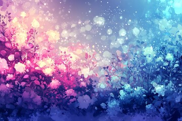 Abstract Floral Background with Pink and Blue Tones and Glowing Lights.