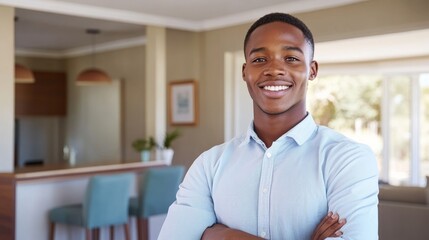 Obraz premium Cheerful Young African Contractor in Modern Interior