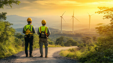 Obraz premium Two Construction Workers Looking at a Wind Turbine Field at Sunset