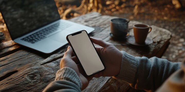 A man's hand holding a phone is shown against a background with a laptop, wood, coffee, and an outdoor setting.  This is likely for a product mockup.