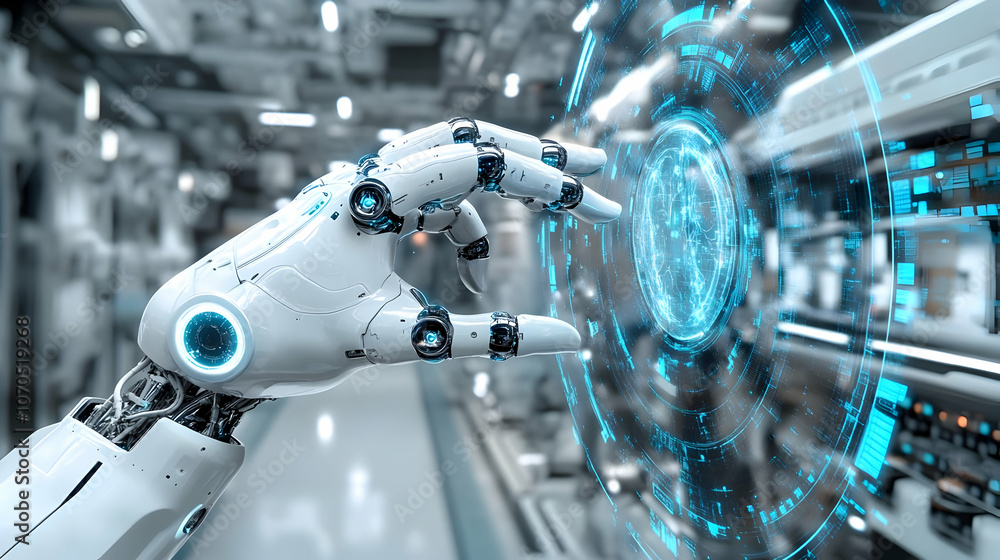 Poster a robotic hand interacting with a holographic interface in a futuristic factory setting