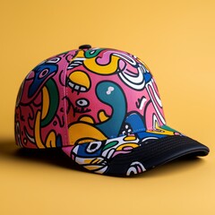 Fototapeta premium Colorful cap with abstract patterns displayed against a bright yellow background