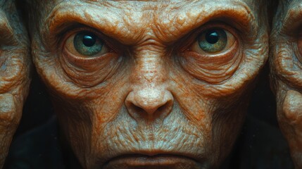 A man with a very old face is staring at the camera