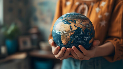 A Person Holding a Detailed Globe, Featuring a Blue and Gold Color Scheme, Against a Blurred Background