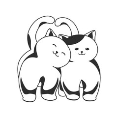 Couple of cute black and white cats are walking and caressing, vector illustration isolated on white background, simple drawing style.