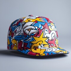 Fototapeta premium Colorful cap featuring vibrant cartoon characters and playful designs on a gray background