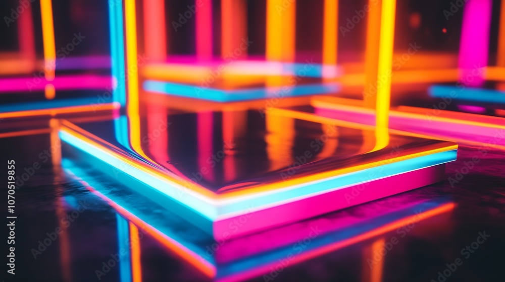 Poster vibrant neon colored geometric shapes on reflective surface abstract background : generative ai
