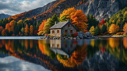 A tranquil autumn scene house in the woods vibrant red orange leaves background ultra hd 8k wallpaper cottage lake river water vibrant color reflection landscape view