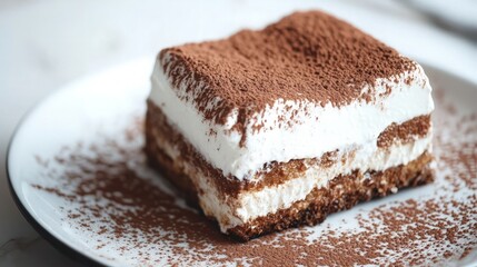 Close-up of a square slice of tiramisu on a white plate dusted with cocoa powder.