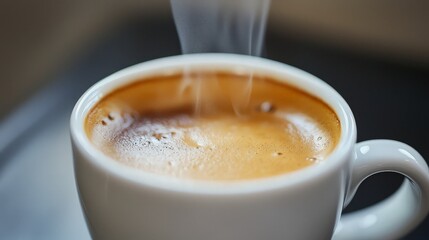 Close-up of a steaming cup of espresso coffee.