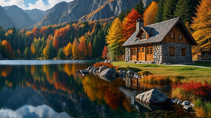 Fototapeta premium A tranquil autumn scene house in the woods vibrant red orange leaves background ultra hd 8k wallpaper cottage lake river water vibrant color reflection landscape view