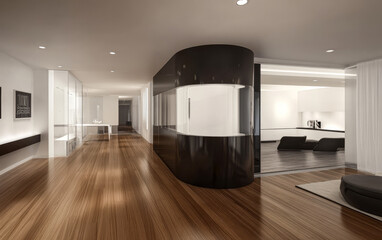 Modern interior design featuring sleek lines and warm wood flooring in a spacious hallway