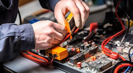 close up of man is fixing a computer board