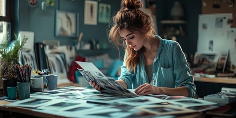 A photographer is reviewing photos from a photoshoot. She's in her studio, looking at prints spread out on her desk.